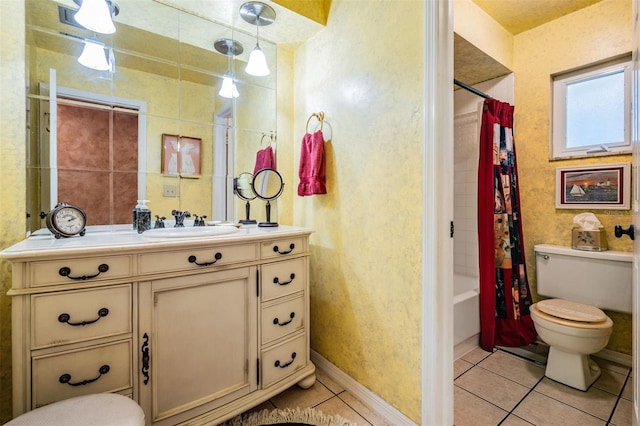 full bathroom with shower / bathtub combination with curtain, vanity, toilet, and tile patterned floors