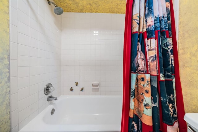 full bathroom with shower / bath combo with shower curtain