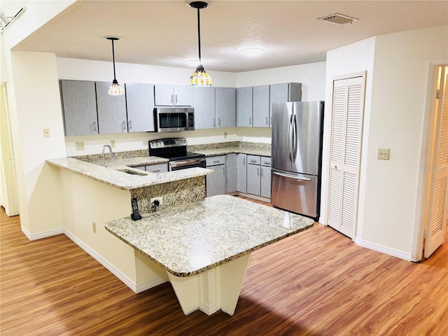 15013 Redcliff Dr, Tampa, FL 33625 - kitchen featuring appliances with stainless steel finishes, a peninsula, light wood-style floors, baseboards, and gray cabinetry
