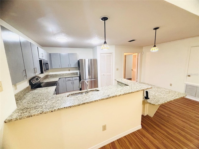 15013 Redcliff Dr, Tampa, FL 33625 - kitchen featuring appliances with stainless steel finishes, a sink, wood finished floors, a peninsula, and decorative light fixtures