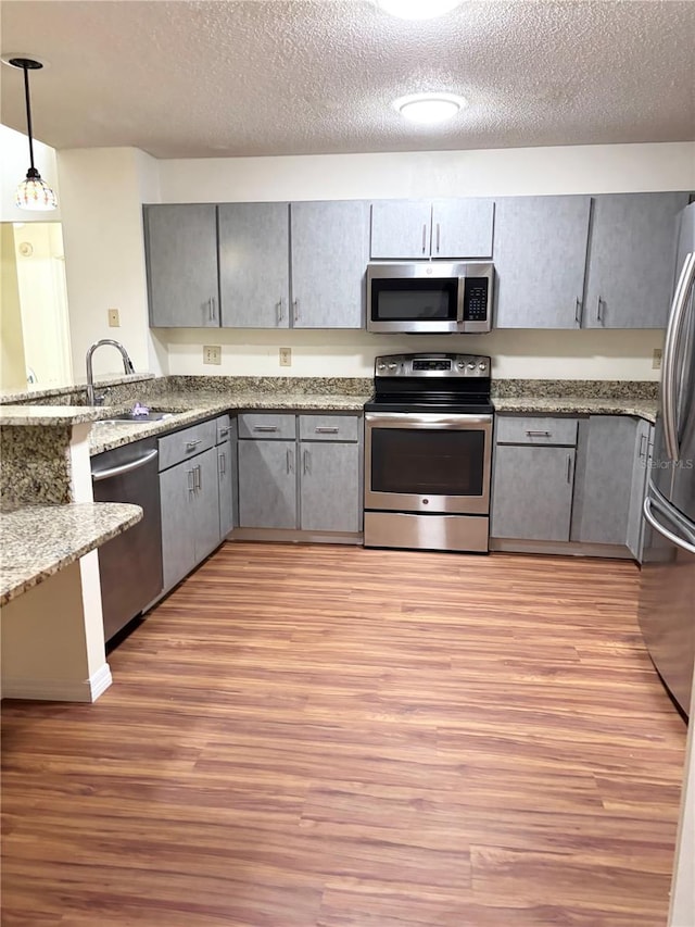 15013 Redcliff Dr, Tampa, FL 33625 - kitchen with stainless steel appliances, a sink, gray cabinetry, a textured ceiling, and light wood-type flooring