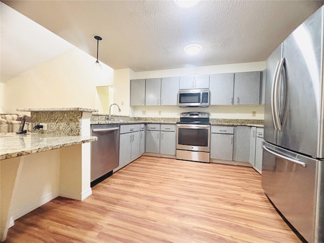 15013 Redcliff Dr, Tampa, FL 33625 - kitchen with appliances with stainless steel finishes, light wood finished floors, gray cabinetry, light stone counters, and hanging light fixtures