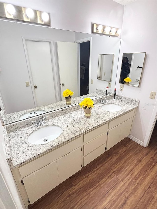 15013 Redcliff Dr, Tampa, FL 33625 - full bath featuring wood finished floors, double vanity, and baseboards