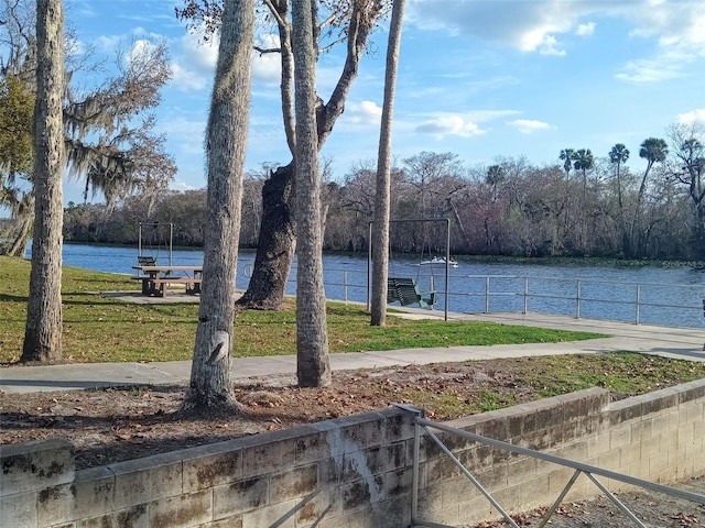 view of water feature featuring a forest view