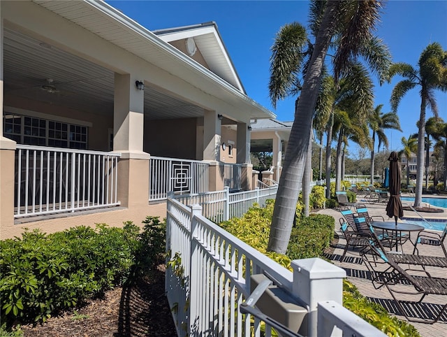 exterior space featuring a pool, fence, and a patio