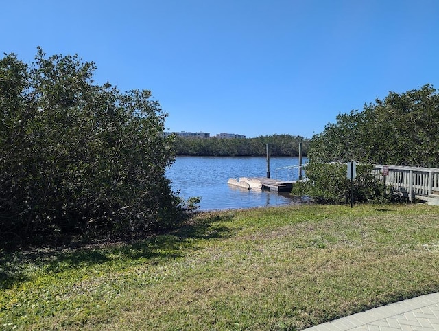 dock area with a water view and a yard