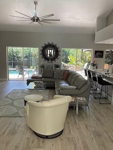 living room with a textured ceiling, ceiling fan, and wood finished floors