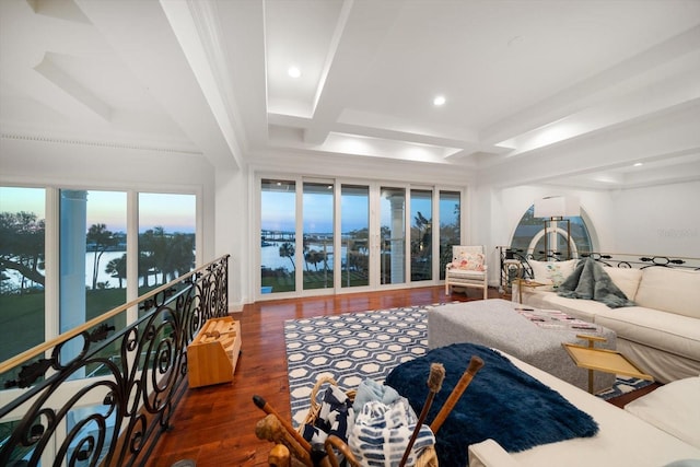 bedroom with recessed lighting, coffered ceiling, wood finished floors, and beamed ceiling