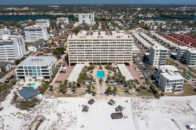 aerial view featuring a view of city and a water view