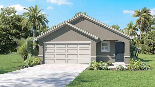 view of front of home with an attached garage, driveway, a front lawn, and stucco siding