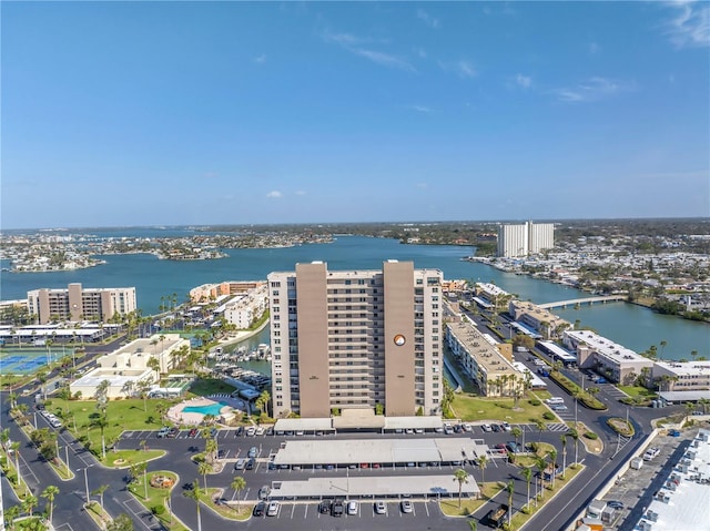 aerial view with a water view and a view of city