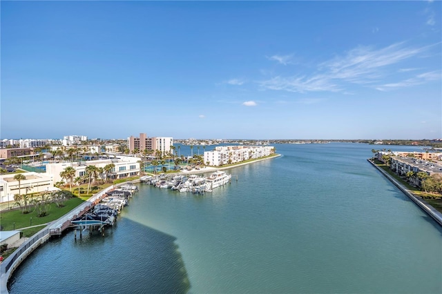 bird's eye view featuring a water view and a city view