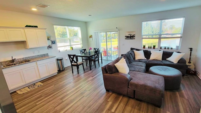 living room featuring visible vents and wood finished floors