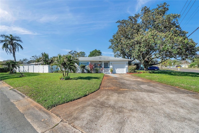 ranch-style house with a garage, a front yard, fence, and driveway