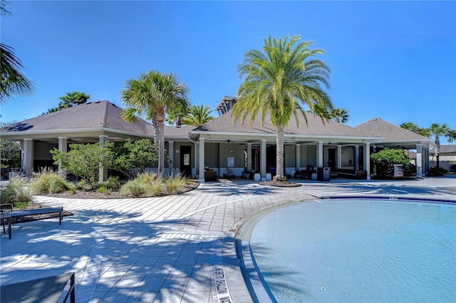 pool featuring a patio and ceiling fan