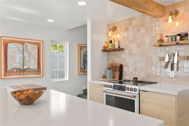 kitchen with light countertops, white range with electric cooktop, open shelves, and decorative backsplash