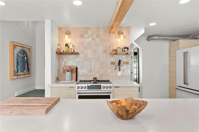 kitchen with tasteful backsplash, high quality appliances, light countertops, open shelves, and beam ceiling