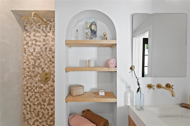 interior details with a sink and a tile shower