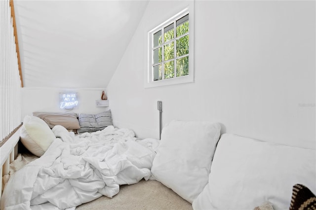 bedroom with lofted ceiling and carpet floors