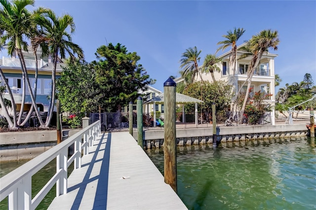 dock area featuring a water view and fence