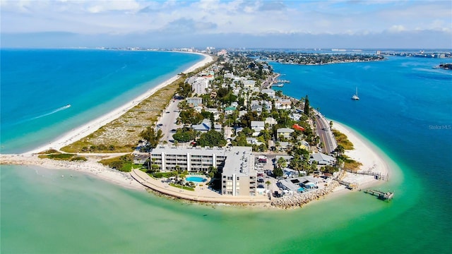 bird's eye view with a beach view and a water view