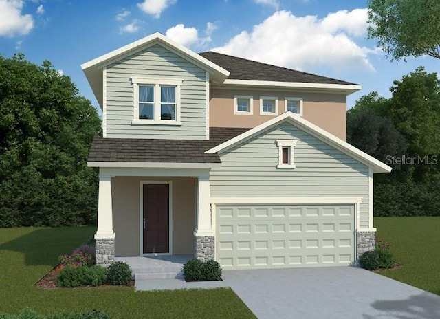 craftsman house with a shingled roof, concrete driveway, a front yard, a garage, and stone siding