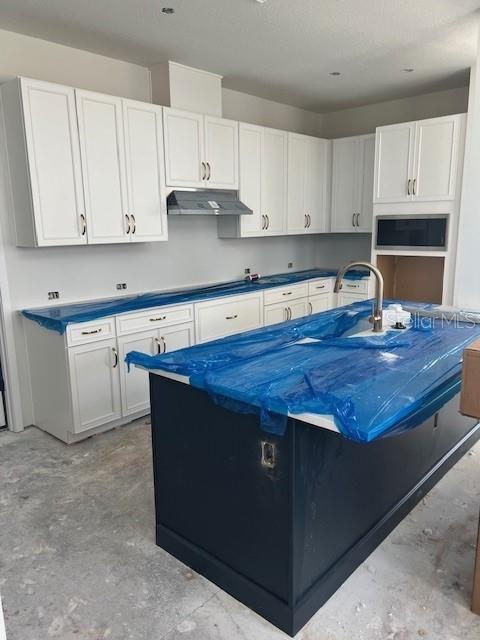 28740 Jujube Rd, Wesley Chapel, FL 33543 - kitchen featuring under cabinet range hood, stainless steel microwave, white cabinetry, and a kitchen island with sink