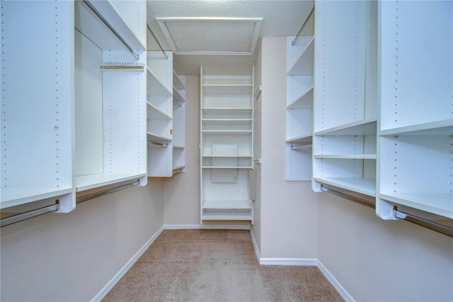 walk in closet with carpet floors and attic access