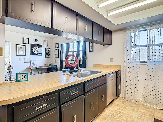 kitchen with a sink, wooden counters, stainless steel dishwasher, and stone finish floor