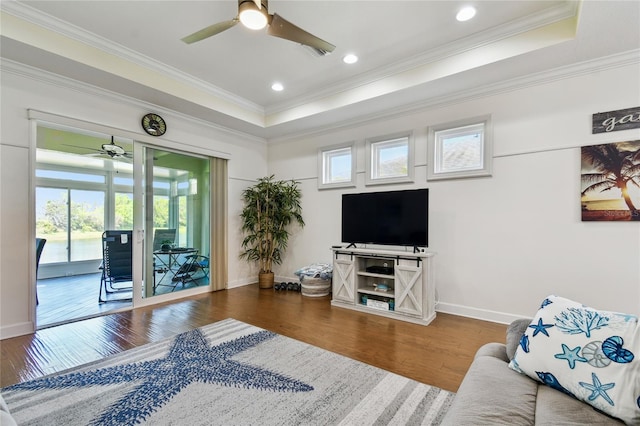 living area with crown molding, a raised ceiling, and wood finished floors