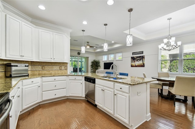 kitchen featuring plenty of natural light, a peninsula, a raised ceiling, stove, and dishwasher