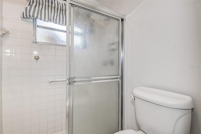 bathroom featuring a stall shower and toilet