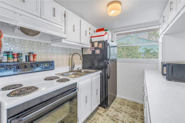 kitchen with backsplash, white cabinetry, range with electric cooktop, black microwave, and under cabinet range hood