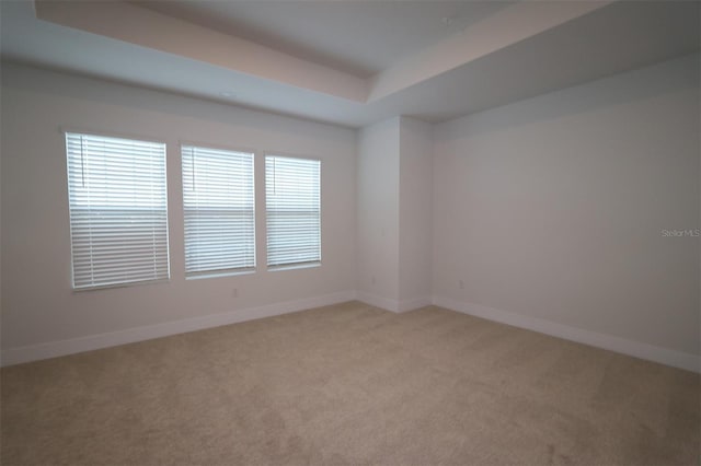 unfurnished room featuring a raised ceiling, light colored carpet, and baseboards