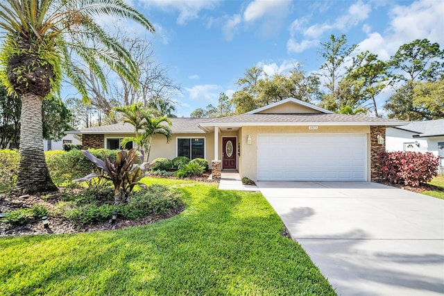 single story home featuring an attached garage, a shingled roof, concrete driveway, stucco siding, and a front yard