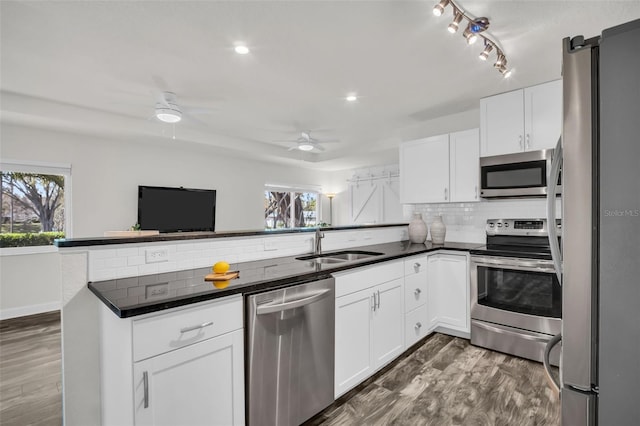 kitchen featuring a healthy amount of sunlight, dark wood-type flooring, stainless steel appliances, and a sink