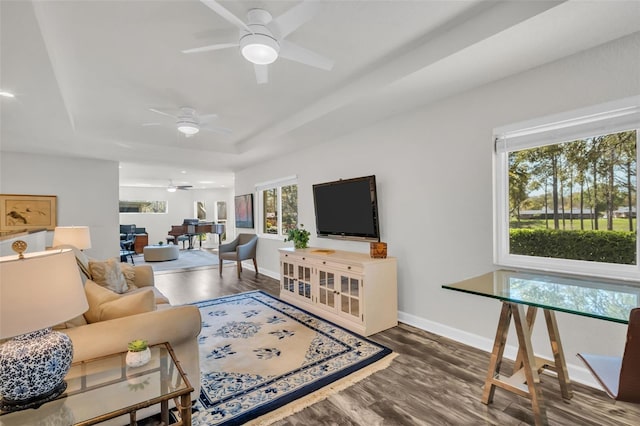 living room featuring a ceiling fan, a raised ceiling, baseboards, and wood finished floors