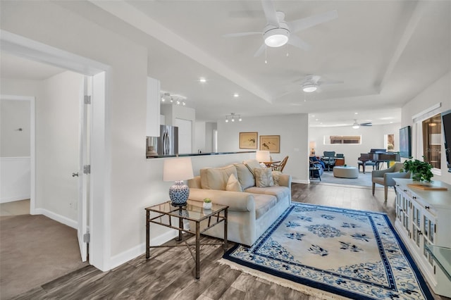 living room with baseboards, a tray ceiling, wood finished floors, and recessed lighting