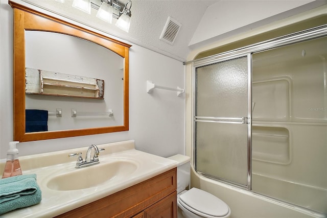 full bath with visible vents, toilet, lofted ceiling, a textured ceiling, and vanity