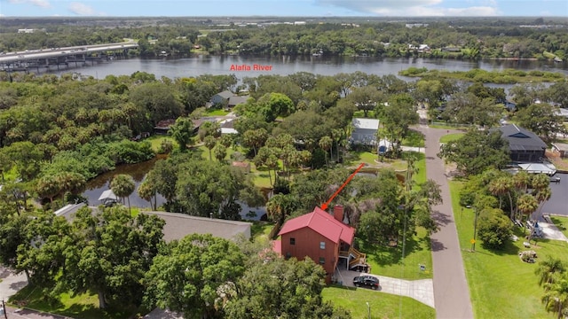 bird's eye view with a water view