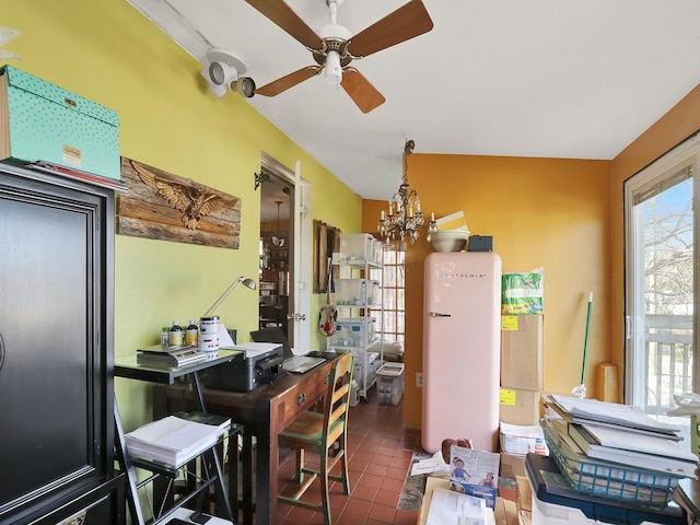 tiled office space featuring ceiling fan with notable chandelier