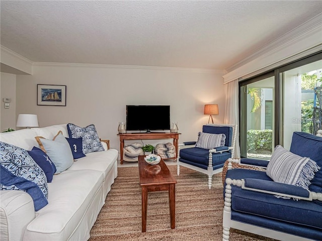 living room with carpet floors, crown molding, and a textured ceiling