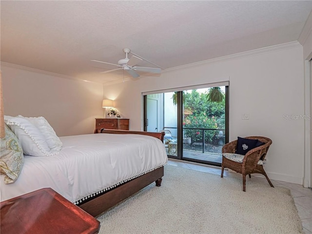 bedroom with baseboards, ceiling fan, ornamental molding, access to outside, and light tile patterned flooring