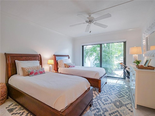 bedroom with a ceiling fan, access to outside, and light tile patterned flooring