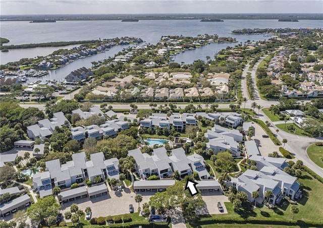 aerial view featuring a water view and a residential view