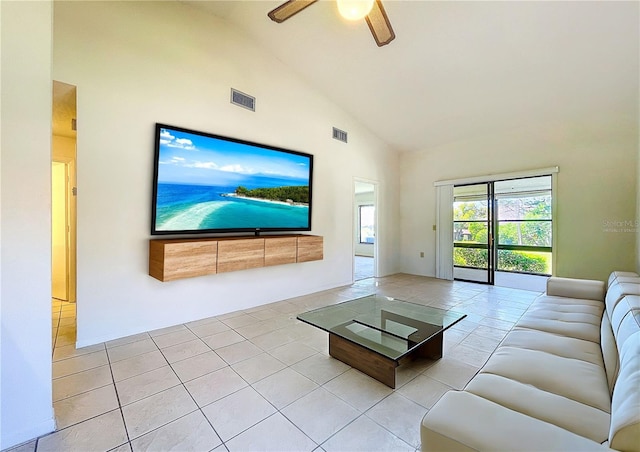 unfurnished living room featuring high vaulted ceiling, ceiling fan, visible vents, and tile patterned floors