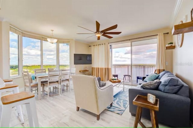 living area featuring light wood finished floors and ceiling fan