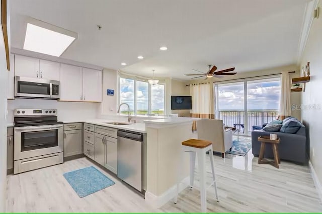 kitchen with appliances with stainless steel finishes, open floor plan, a peninsula, light countertops, and a sink