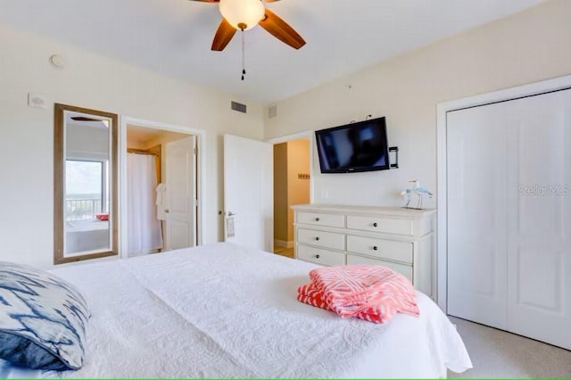 bedroom with a ceiling fan, a closet, and visible vents