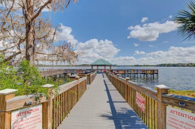 dock area featuring a water view and a gazebo